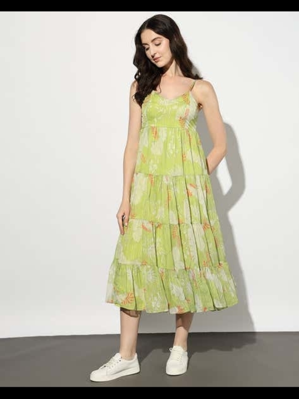 NWT Lime Floral Tiered Midi Dress - Breathable Summer Dress